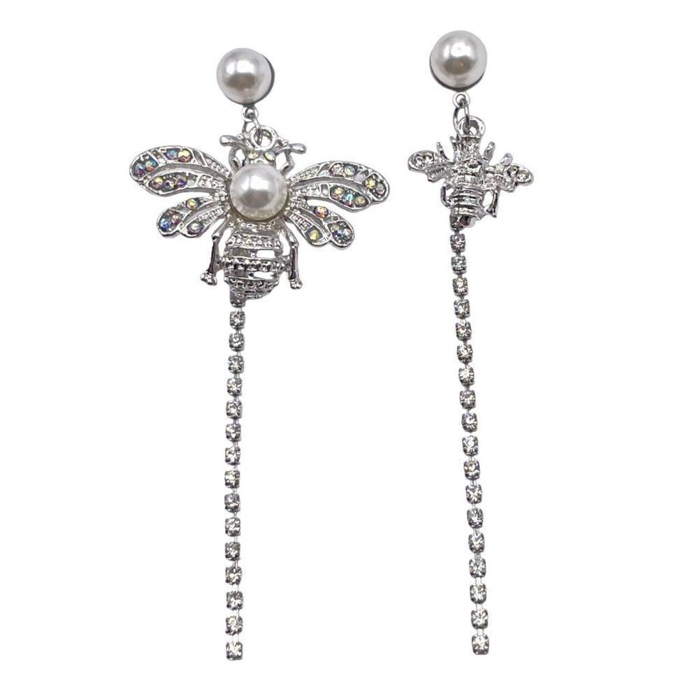 Silver with White and AB Crystal Mismatching Bees Post Back Earrings